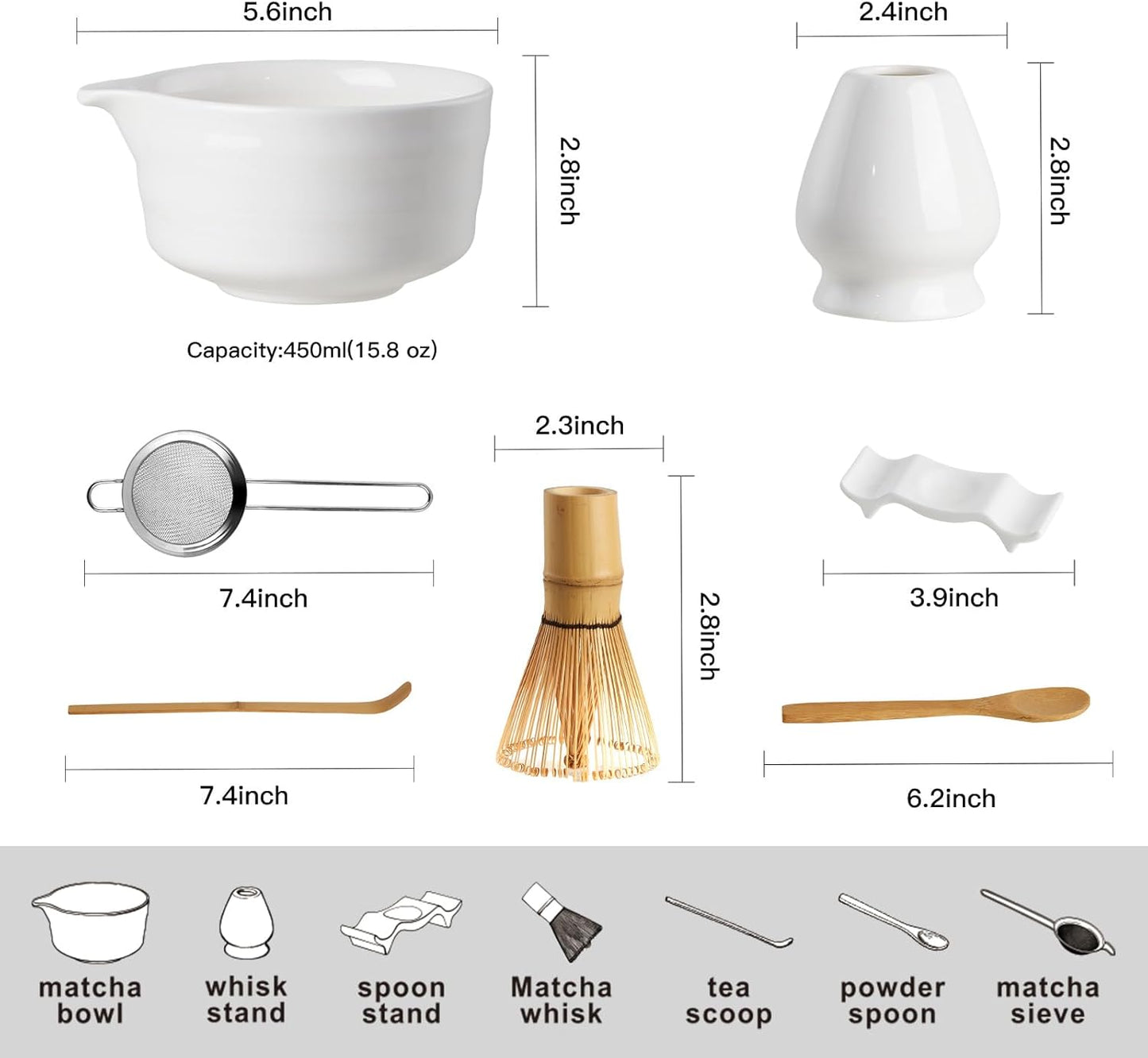 YOLIFE Matcha Whisk Set, Black Matcha Set, Ceramic Matcha Bowl and Whisk (Chasen), Holder, Sifter, Bamboo Scoop, Spoon & Spoon Rest, 7 Pcs Matcha Kit for Matcha Tea Ceremony
