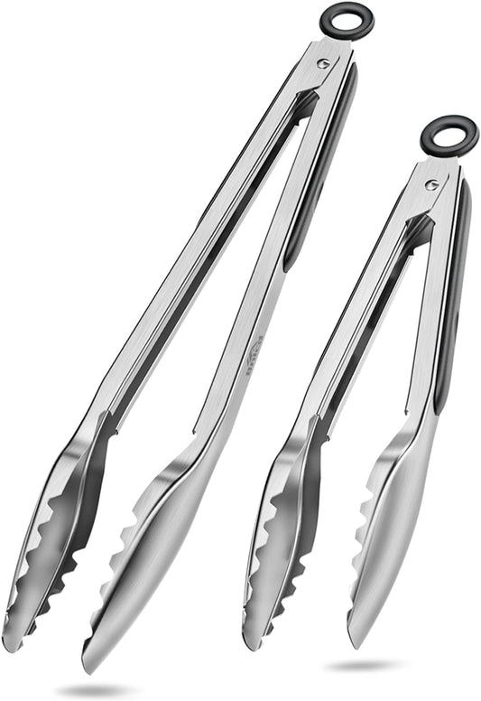 600ºF Heat Resistant Kitchen Tongs, Premium Locking Cooking Tongs with Silicone Tips, Non-Slip Food Tongs for Cooking, Non-Stick, Heavy Duty Stainless Steel Handle, Set of 3-7" 9" and 12" Black