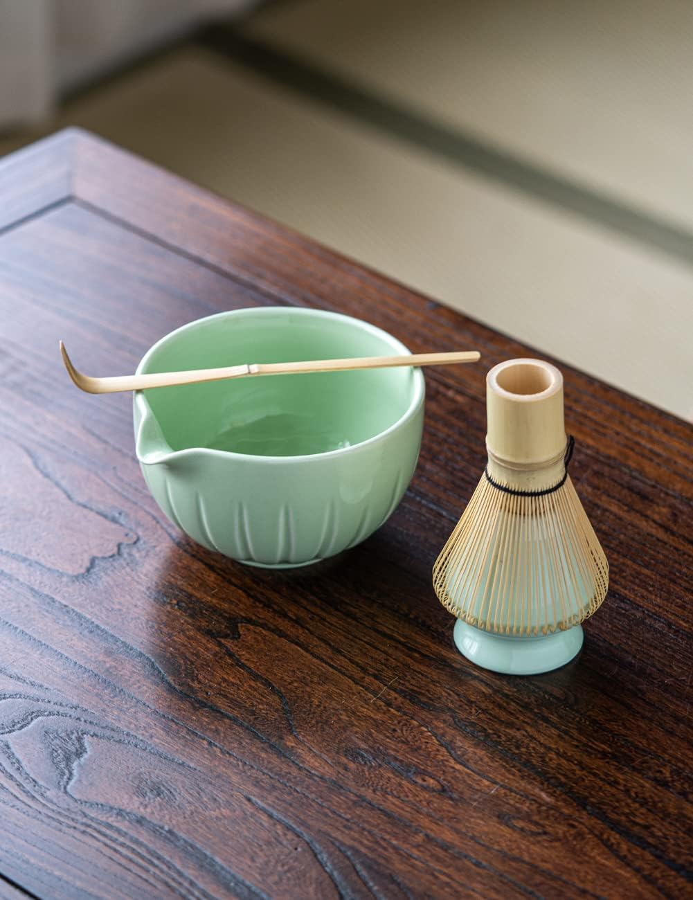 TANG PIN Matcha Set - Match Bowl and Whisk, 15 OZ, Matcha Scoop | Matcha Whisk Stand (Chasen Holder) - 4pc Perfect Matcha Kit for Matcha Tea Ceremony (Mottled Green)