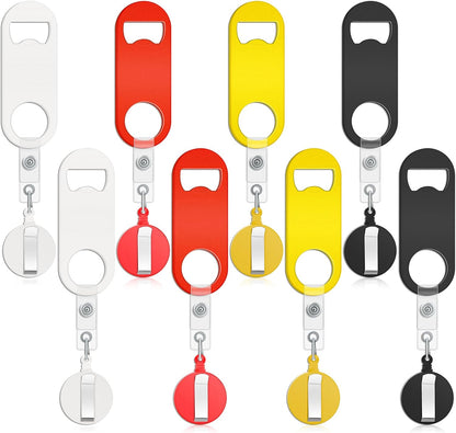 Honoson 8 Pieces Retractable Flat Bottle Opener Bartender Beer Opener with Round Badge Reel Clips Holder Bar Keys for Bartender Gifts Kitchen Home Party Supplies (Classic,Multicolor)