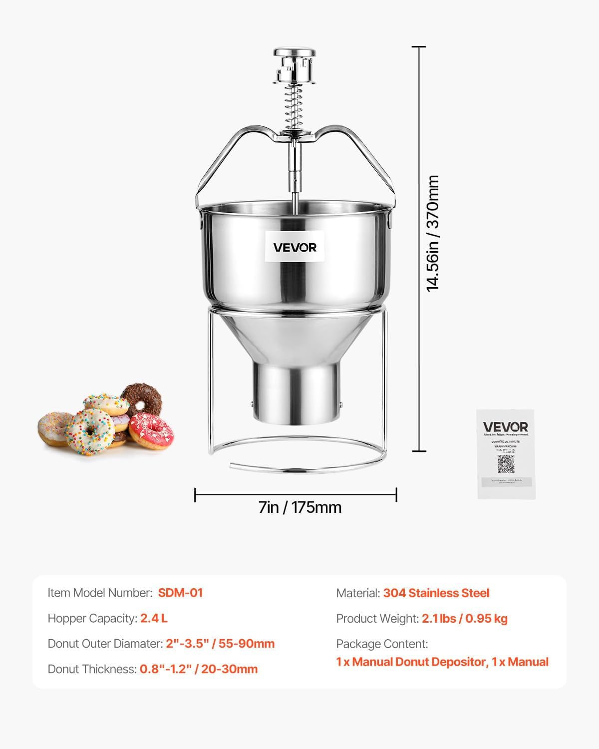 VEVOR Donut Depositor, Large Capacity Manual Donuts Dropper, 304 Stainless Steel Commercial Batter Dispenser, 6 Thicknesses Adjustment Doughnut Hopper with Stand, For Restaurant Cafe Bakery Kitchen