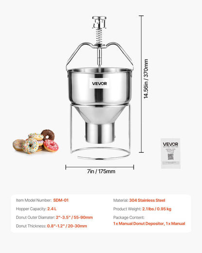 VEVOR Donut Depositor, Large Capacity Manual Donuts Dropper, 304 Stainless Steel Commercial Batter Dispenser, 6 Thicknesses Adjustment Doughnut Hopper with Stand, For Restaurant Cafe Bakery Kitchen