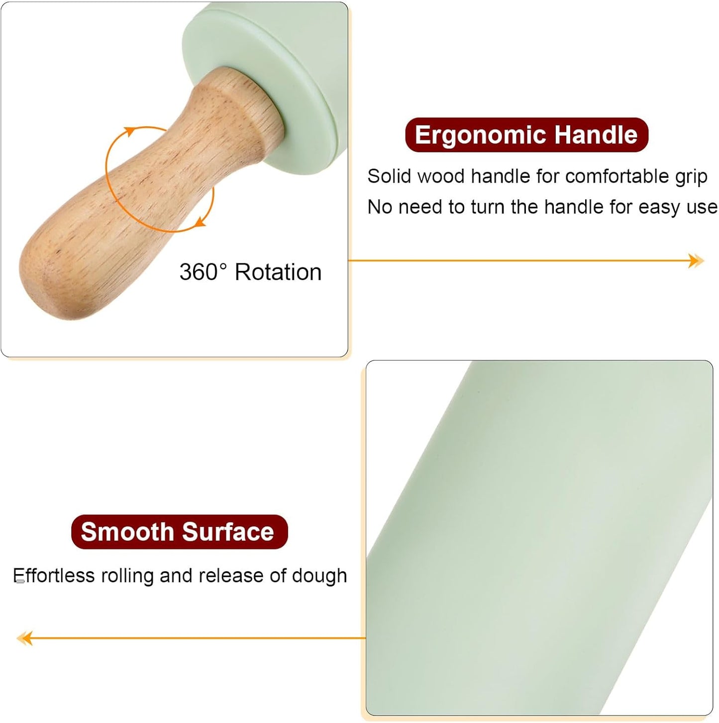 HARFINGTON Silicone Rolling Pins for Baking 12.2 Inch Non-Stick Silicone Surface Wooden Handle Rolling Pin Small Roller Playdough Rolling Pins for Fondant Kitchen Dough Pizza, Green