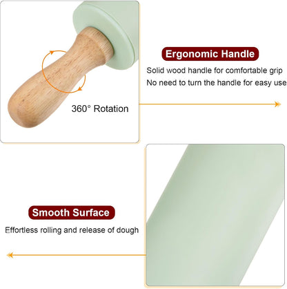 HARFINGTON Silicone Rolling Pins for Baking 12.2 Inch Non-Stick Silicone Surface Wooden Handle Rolling Pin Small Roller Playdough Rolling Pins for Fondant Kitchen Dough Pizza, Green