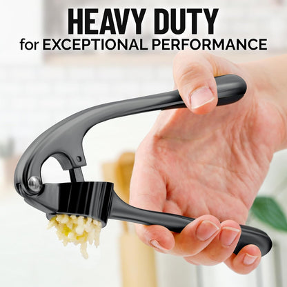 Zulay Kitchen Premium Garlic Press Set - Rust Proof Professional Garlic Mincer Tool - Easy-Squeeze, Easy-Clean with Soft, Ergonomic Handle - Silicone Garlic Peeler & Brush (Silver)