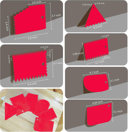 Cake Scraper, Cake Smoother Scraper Set, Dough Scraper Icing Scraper Polisher Tool, Cake Decorating Comb, Icing Smoother Plastic Sawtooth Cake Icing Kitchen Baking Cake Edge (Red)