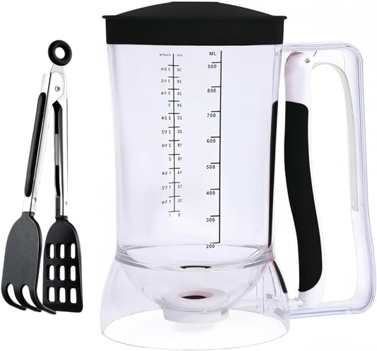 Waffles Batter Dispenser n Waffle Tongs Combo Set,Get Perfectly Fluffy Waffles Every Time! Batter Measuring Separator for Pancakes, Cupcake, Muffin Quick Filling Cookie Batter