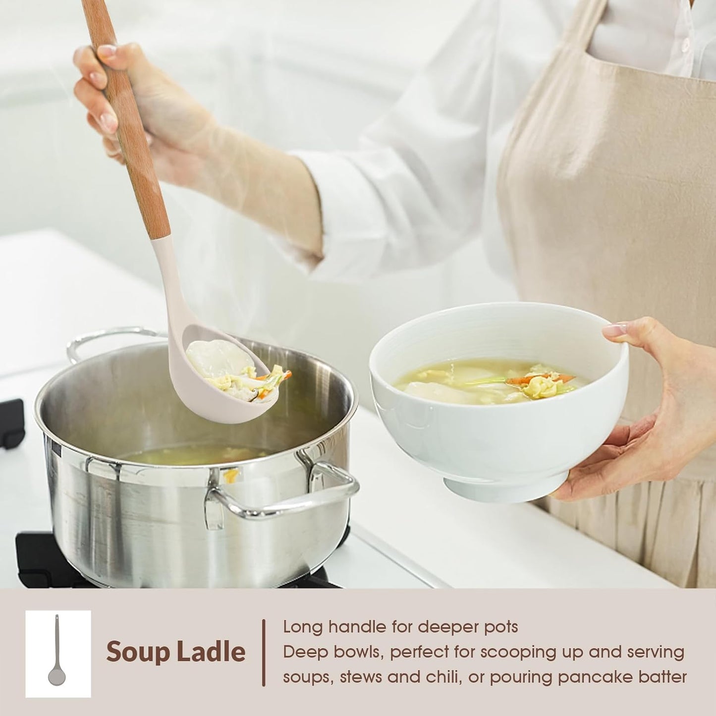 E-far Cooking Utensils Set of 6, Silicone Kitchen Utensils with Wooden Handle, Non-stick Cookware Friendly & Heat Resistant, Includes Spatula/Ladle/Slotted Turner/Serving Spoon/Spaghetti Server(Khaki)