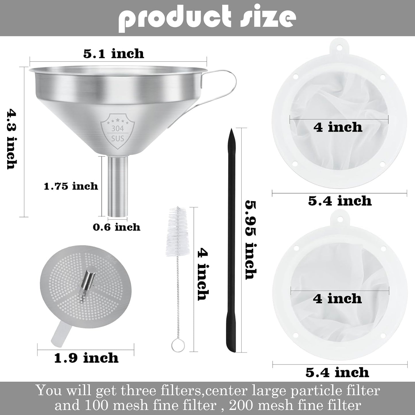 WMKGG 304 Stainless Steel Funnel, 5 Inch Funnels for Kitchen Use Filling Bottles, with 200 Mesh and 100 Mesh Fine Mesh Strainer, for Oils, Juice, Wine, Coffee, Milk, Tea, Powder