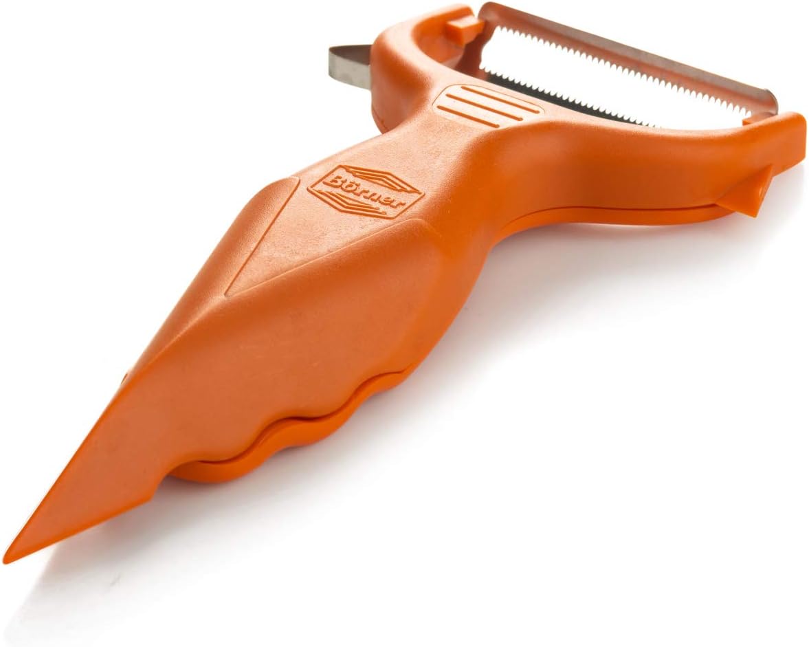 Börner Vegetable Peeler (6-in-1) • Garnishing Peeler with Grater • Multifunctional Peeler for Fruits & Vegetables • Fruit Peeler, Universal Peeler, Potato Peeler • Color: Purple