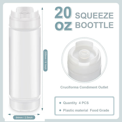 Didaey 4 Pcs 20 oz Inverted Squeeze Bottles Condiment Squeeze Bottle Refillable Plastic Tip Large Valve Dispenser for Sauces Ketchup Sour Cream Self Sealing Syrup Dispenser for Restaurants(White)
