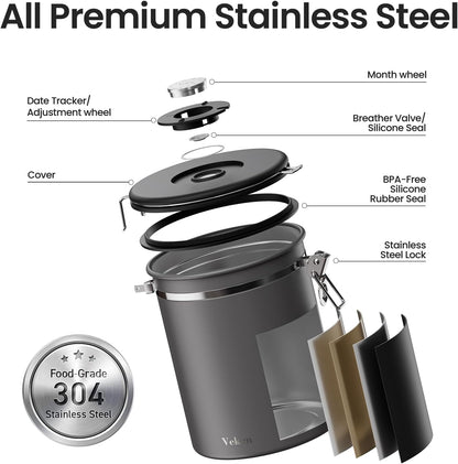 Veken Coffee Canister, Airtight Stainless Steel Kitchen Food Storage Container with Date Tracker and Scoop for Beans, Grounds, Tea, Flour, Cereal, Sugar, Cookie, 16OZ, Cream