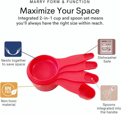 Storage Theory 2-in-1 Measuring Cups & Spoons Set (4-Piece) - Nesting Space-Saving Kitchen Gadget - BPA-Free Food Grade Plastic - Dishwasher Safe for Baking, Cooking, Coffee - White