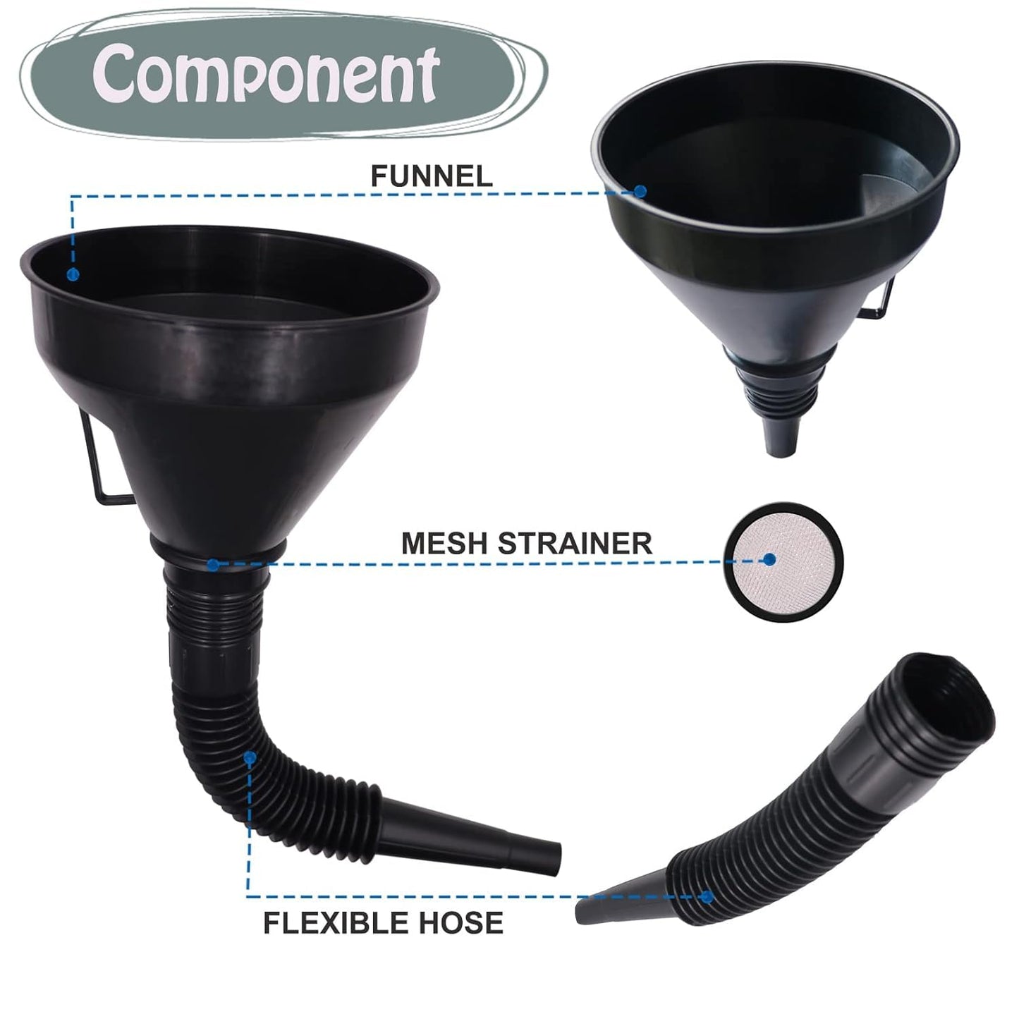 Plastic Oil Funnels for Automotive Use Set of 5, Large Flexible Fuel Funnel with Long Hose for Gas Transfer, Gasoline Funnels for Cars Boat Canning and Bottle