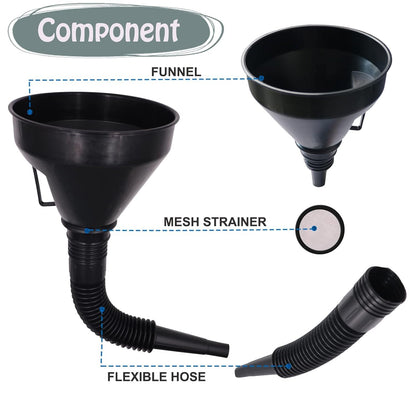 Plastic Oil Funnels for Automotive Use Set of 5, Large Flexible Fuel Funnel with Long Hose for Gas Transfer, Gasoline Funnels for Cars Boat Canning and Bottle