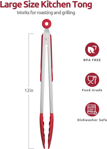 600ºF Heat Resistant Kitchen Tongs: U-Taste 9 inch Silicone Cooking Tong with Firm Sealed Non Stick Rubber Tips & Silicon Coated 18/8 Stainless Steel Handle & Smooth Locking for Serving Salad (Black)