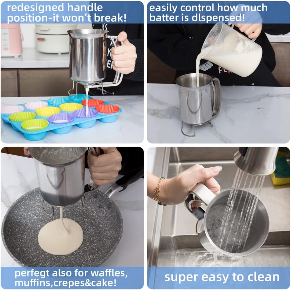 800ml Stainless Steel Pancake Batter Dispenser - Great for Baking,Cupcakes,Muffins-Cooking Crepes,Waffles- Easyflow Spout -Measuring Gauge in Mls and cups