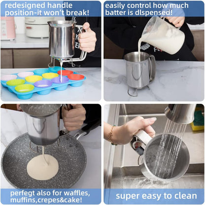 800ml Stainless Steel Pancake Batter Dispenser - Great for Baking,Cupcakes,Muffins-Cooking Crepes,Waffles- Easyflow Spout -Measuring Gauge in Mls and cups