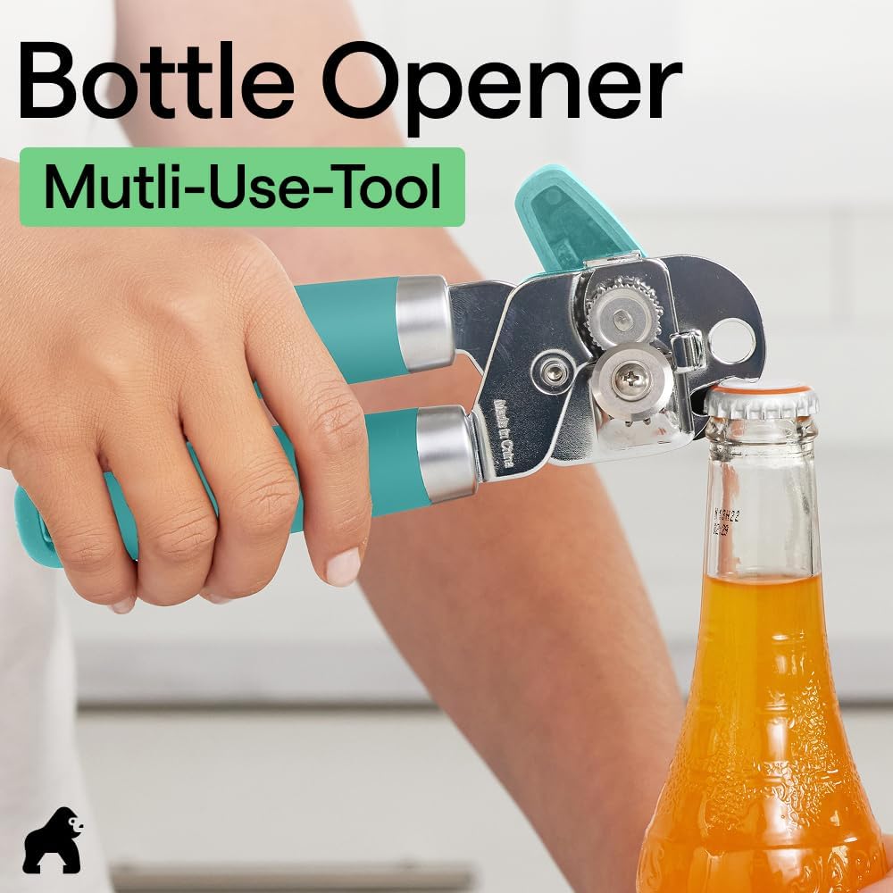 GORILLA GRIP Heavy Duty Stainless Steel Smooth Edge Manual Can Opener and Bottle Openers, US Designed, Soft Comfortable Handle, Oversized Handheld Turn Knob, Multifunctional Kitchen Tool, Black