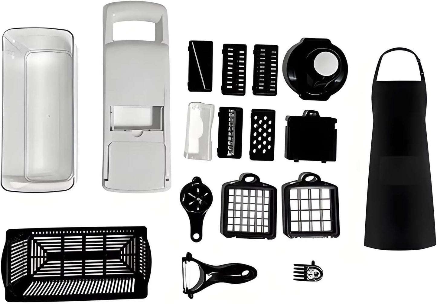 Kalmat Dynamics Food Chopper and Vegetable Slicer, 16-in-1 Multi-Function Kitchen Chopper with 7 Blades and Container, Free Black Cooking Apron (Pink+White)