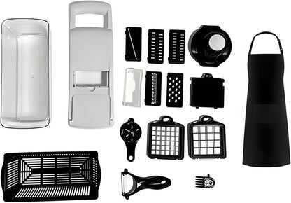 Kalmat Dynamics Food Chopper and Vegetable Slicer, 16-in-1 Multi-Function Kitchen Chopper with 7 Blades and Container, Free Black Cooking Apron (Pink+White)