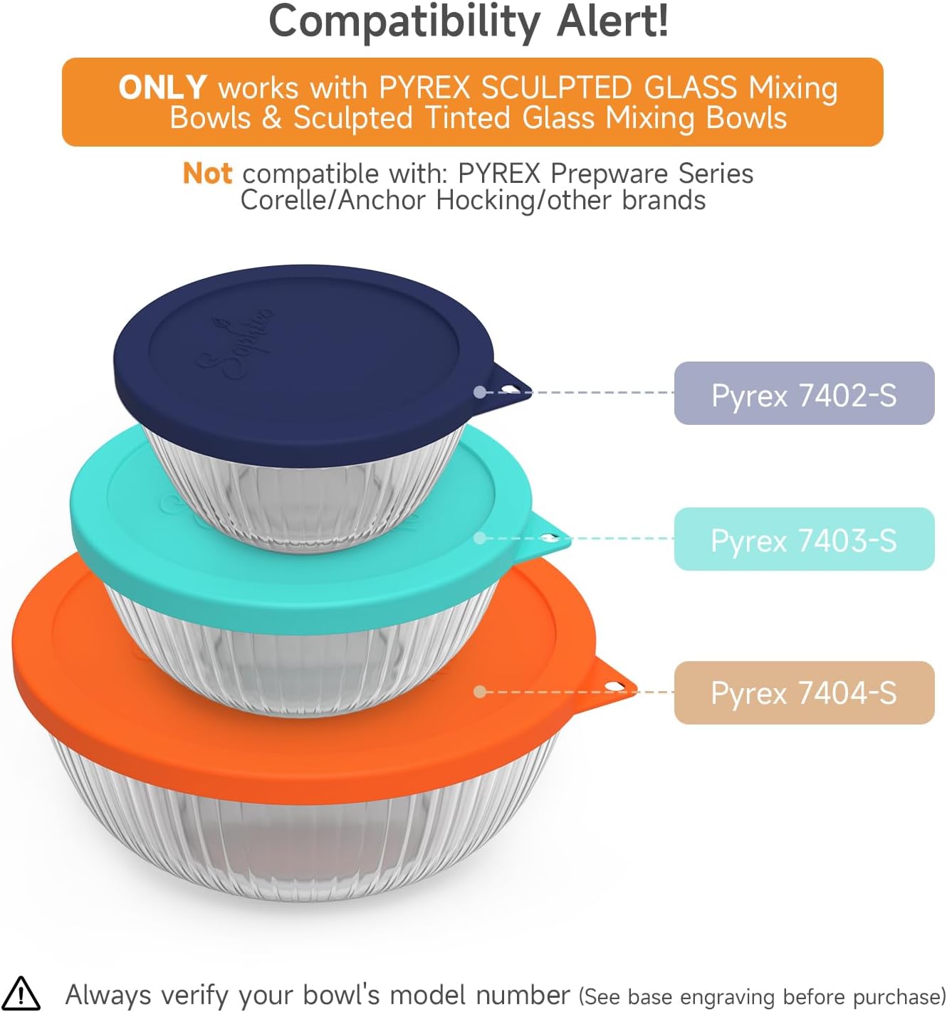 SOPHICO Silicone Replacement Lids for Pyrex Sculpted Glass & Tinted Glass Bowls Mixing Bowls（4 size）