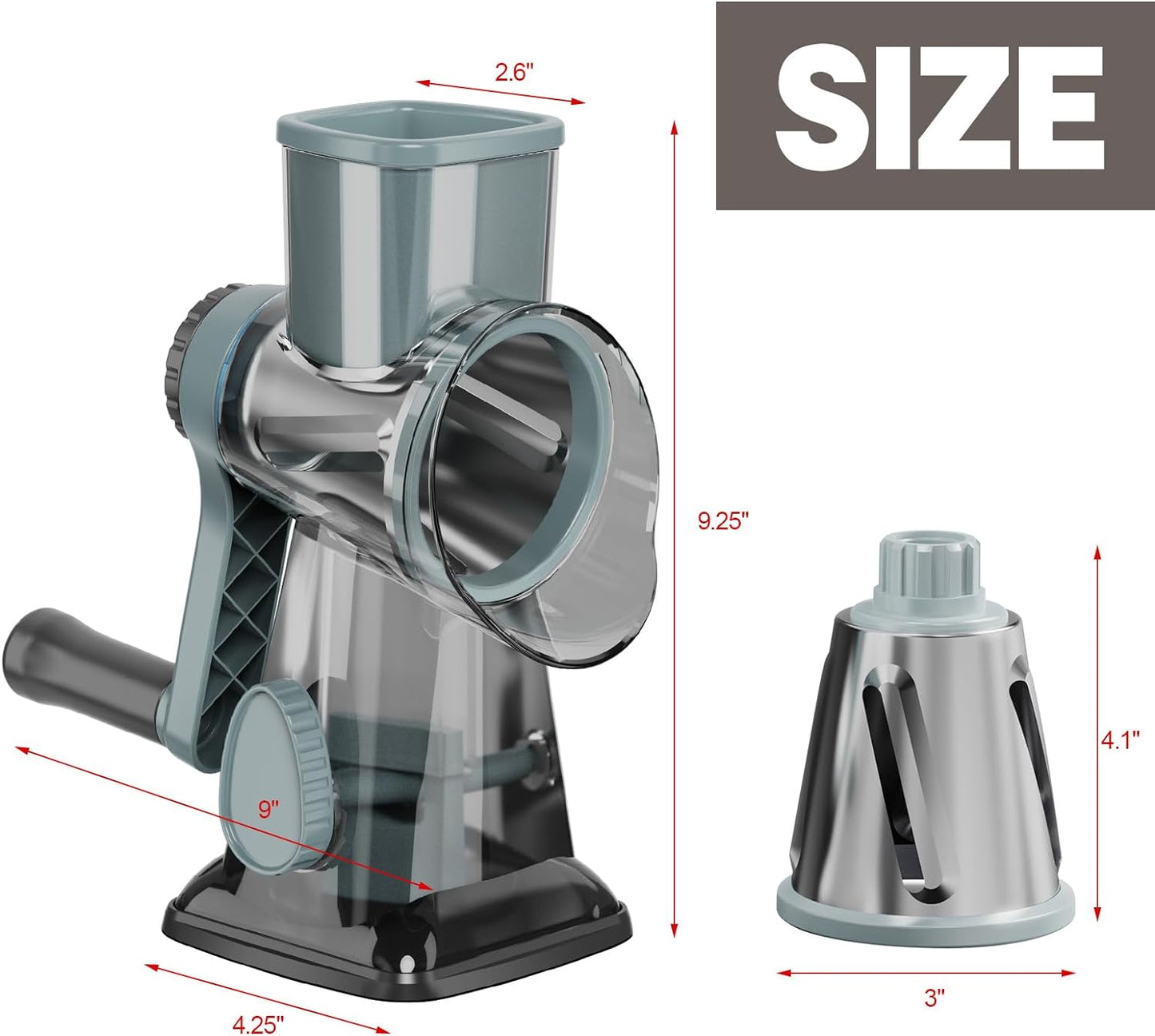 Cheese Grater Cheese Shredder with 3 Interchangeable Blades, Rotary Cheese Grater Manual Vegetable Slicer with Non-slip Suction Base Peanut Nuts Grinder Vegetable Shredder Clear