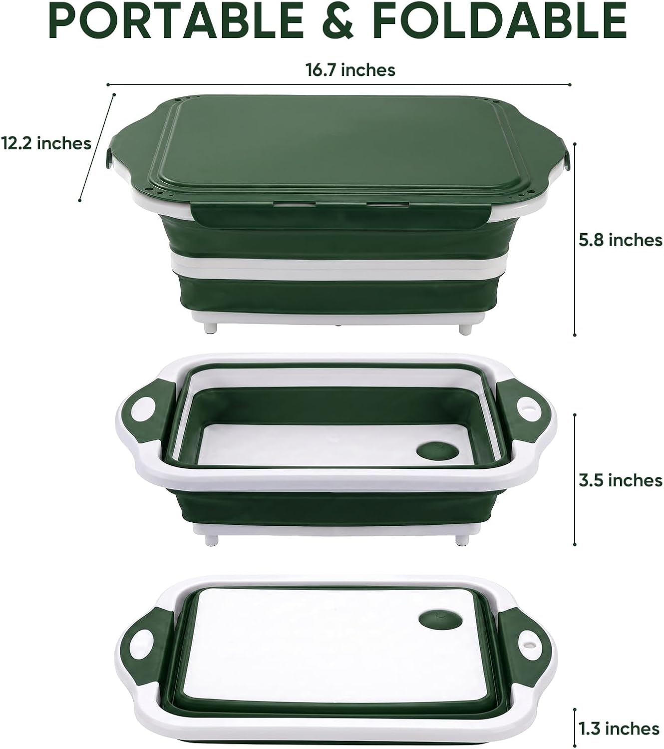 Collapsible BBQ Prep Tub with Lid, Foldable Camping Sink with Colander, Cutting Board, Dish Basin for Kitchen, Bowl, Vegetable and Fruit, Storage Basket for Picnic-Green
