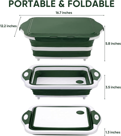 Collapsible BBQ Prep Tub with Lid, Foldable Camping Sink with Colander, Cutting Board, Dish Basin for Kitchen, Bowl, Vegetable and Fruit, Storage Basket for Picnic-Green