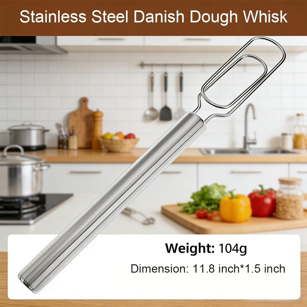 Danish Dough Whisk – Stainless Steel Flat Dough Hook Mixer for Sourdough Starter Bread Dough Pizza Pastry Cake Batter Hand Mixing Tool