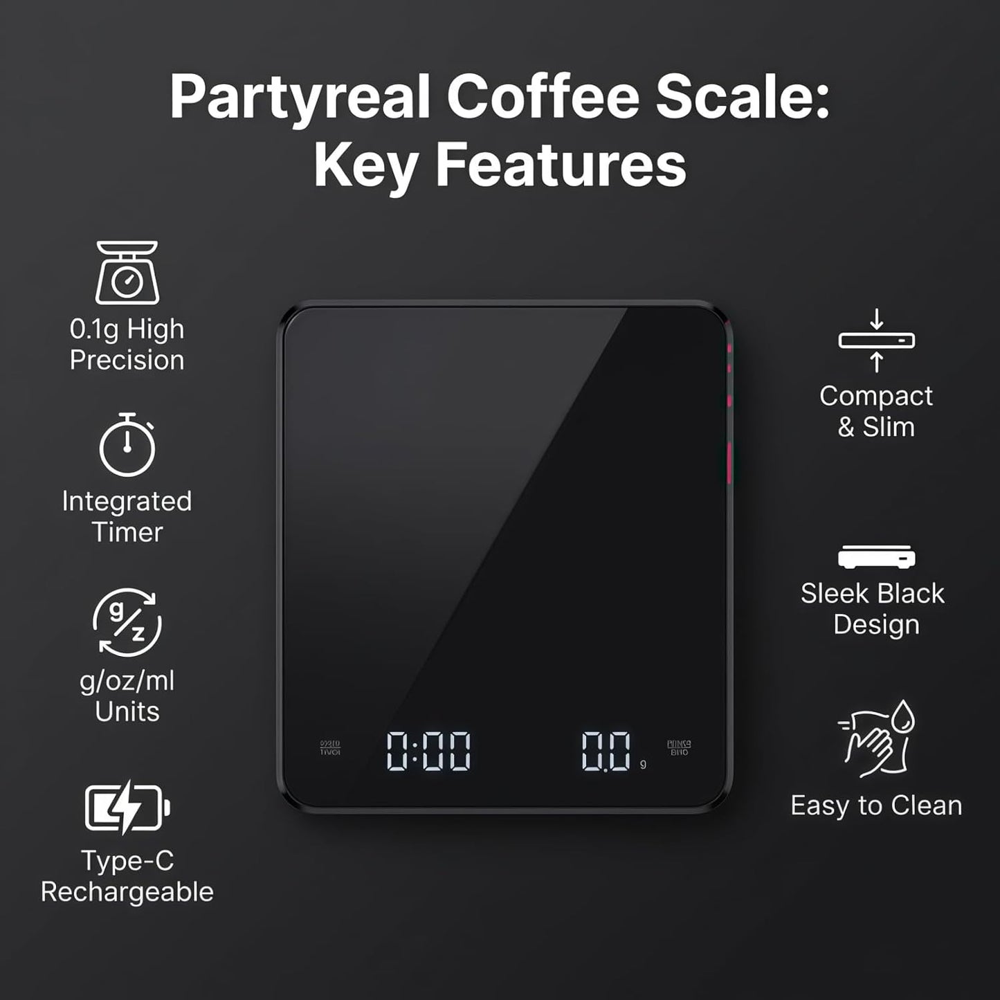 Partyreal Digital Kitchen Scale Capacity, Stainless Steel Food Scale with oz/g Units | Replaceable Battery Power | Ideal for Meal Prep, Cooking, Baking