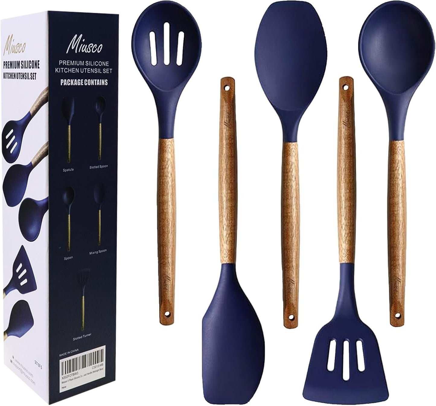 Kitchen Utensils Set, Silicone Cooking Utensils Set,Non-Stick Silicone Spatula Set with Natural Acacia Hard Wood Handle, 5 Piece, Upgraded Thickened Cookware
