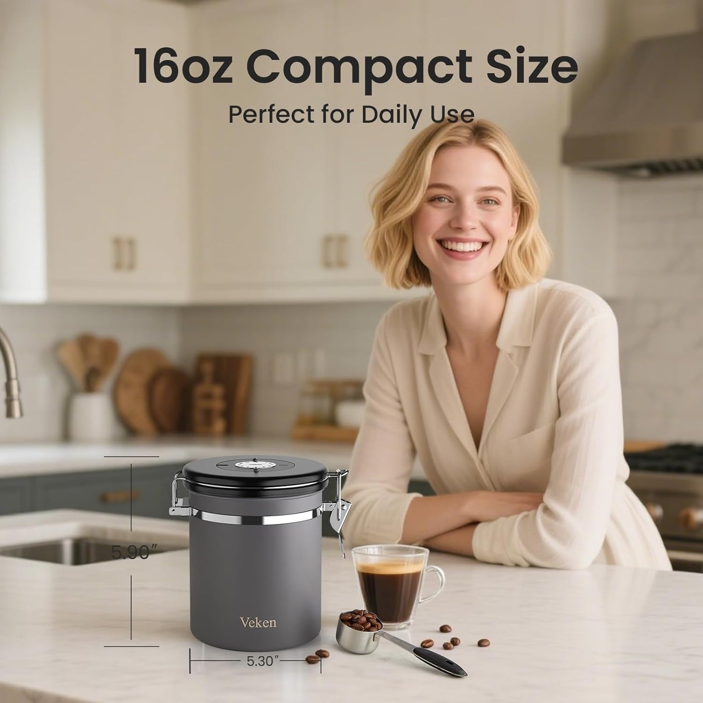 Veken Coffee Canister, Airtight Stainless Steel Kitchen Food Storage Container with Date Tracker and Scoop for Beans, Grounds, Tea, Flour, Cereal, Sugar, Cookie, 16OZ, Cream