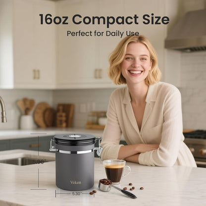 Veken Coffee Canister, Airtight Stainless Steel Kitchen Food Storage Container with Date Tracker and Scoop for Beans, Grounds, Tea, Flour, Cereal, Sugar, Cookie, 16OZ, Cream