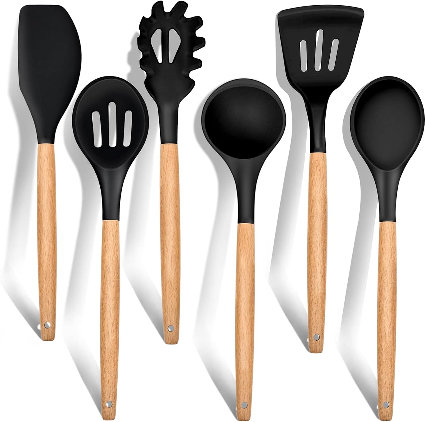 E-far Cooking Utensils Set of 6, Silicone Kitchen Utensils with Wooden Handle, Non-stick Cookware Friendly & Heat Resistant, Includes Spatula/Ladle/Slotted Turner/Serving Spoon/Spaghetti Server(Khaki)