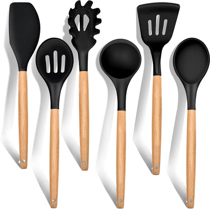 E-far Cooking Utensils Set of 6, Silicone Kitchen Utensils with Wooden Handle, Non-stick Cookware Friendly & Heat Resistant, Includes Spatula/Ladle/Slotted Turner/Serving Spoon/Spaghetti Server(Khaki)
