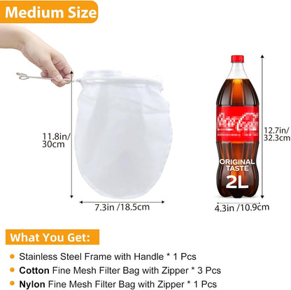 5 Pcs Premium Ultra Fine Mesh Strainer Bags with Stainless Steel Handle, Reusable Nut Milk Bags, Cheese Cloths for Straining Juice, NutMilk, Coffee, Thai Tea, Yogurt and Soup (Medium)