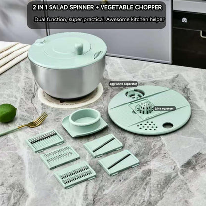 5 IN 1 Salad Spinner + Vegetable Chopper Peeler + Egg Yolk Separator, Large Lettuce Spinner Washer Dyer, with 5 Blades Slicer Cutter Veggie Chopper (304 Stainless Steel Bowl)