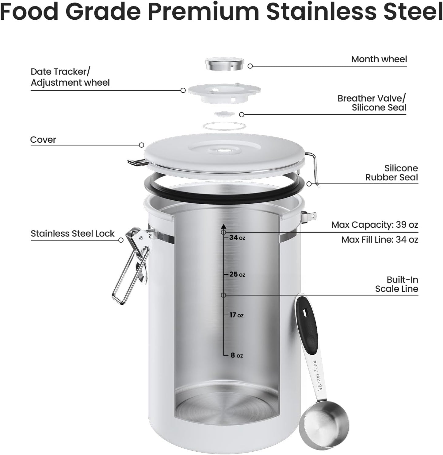 Veken Coffee Canister, Airtight Stainless Steel Kitchen Food Storage Container with Date Tracker and Scoop for Beans, Grounds, Tea, Flour, Cereal, Sugar, Cookie, 16OZ, Cream