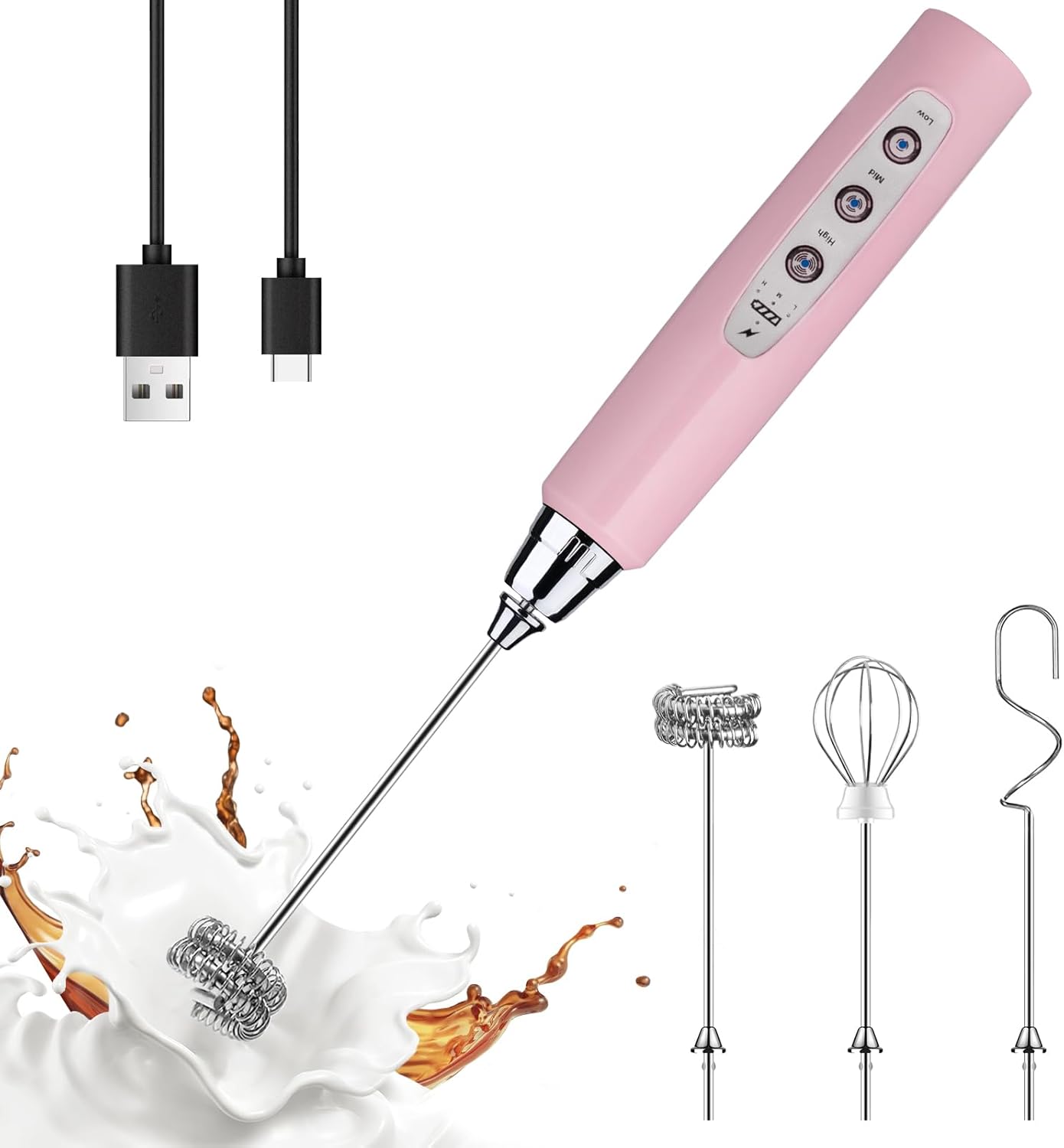 YUSWKO Black Handheld Milk Frother Wand for Coffee, Rechargeable Electric Whisk with 3 Heads 3 Speeds Drink Mixer Coffee Frother For Latte, Cappuccino, Hot Chocolate, Egg