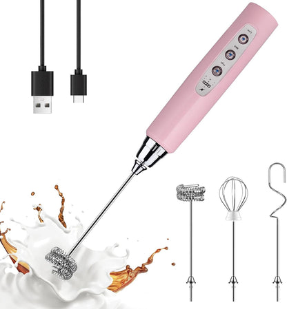YUSWKO Black Handheld Milk Frother Wand for Coffee, Rechargeable Electric Whisk with 3 Heads 3 Speeds Drink Mixer Coffee Frother For Latte, Cappuccino, Hot Chocolate, Egg