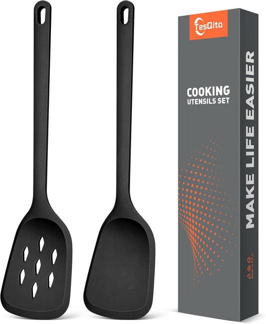 Silicone Cooking Spatula&Slotted Spatulas, Pack of 2,Solid Turner Kitchen Utensils Set for Cooking,Frying, Baking, Flipping, Turning,Heat Resistant 450℉ (Green)