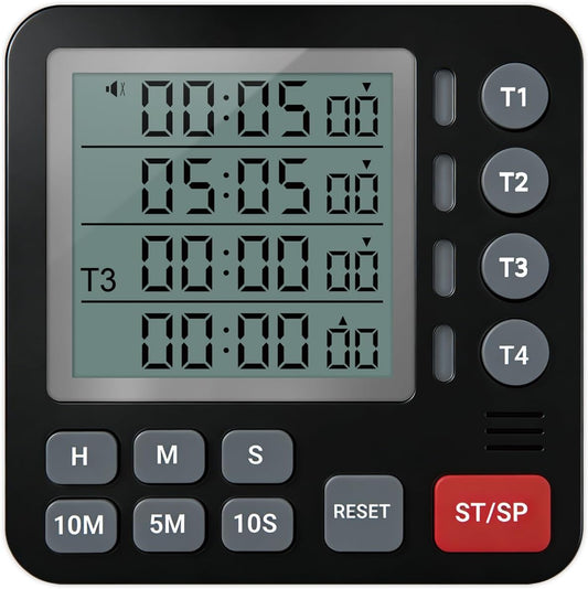 TPNEG Digital Kitchen Timer - 4-Channel Cooking Timer with Alarm, Magnetic Back, Loud & Silent Modes, Count Up/Down, Ideal for ovens, Seniors, Kids and classrooms, Replaceable AAA Battery