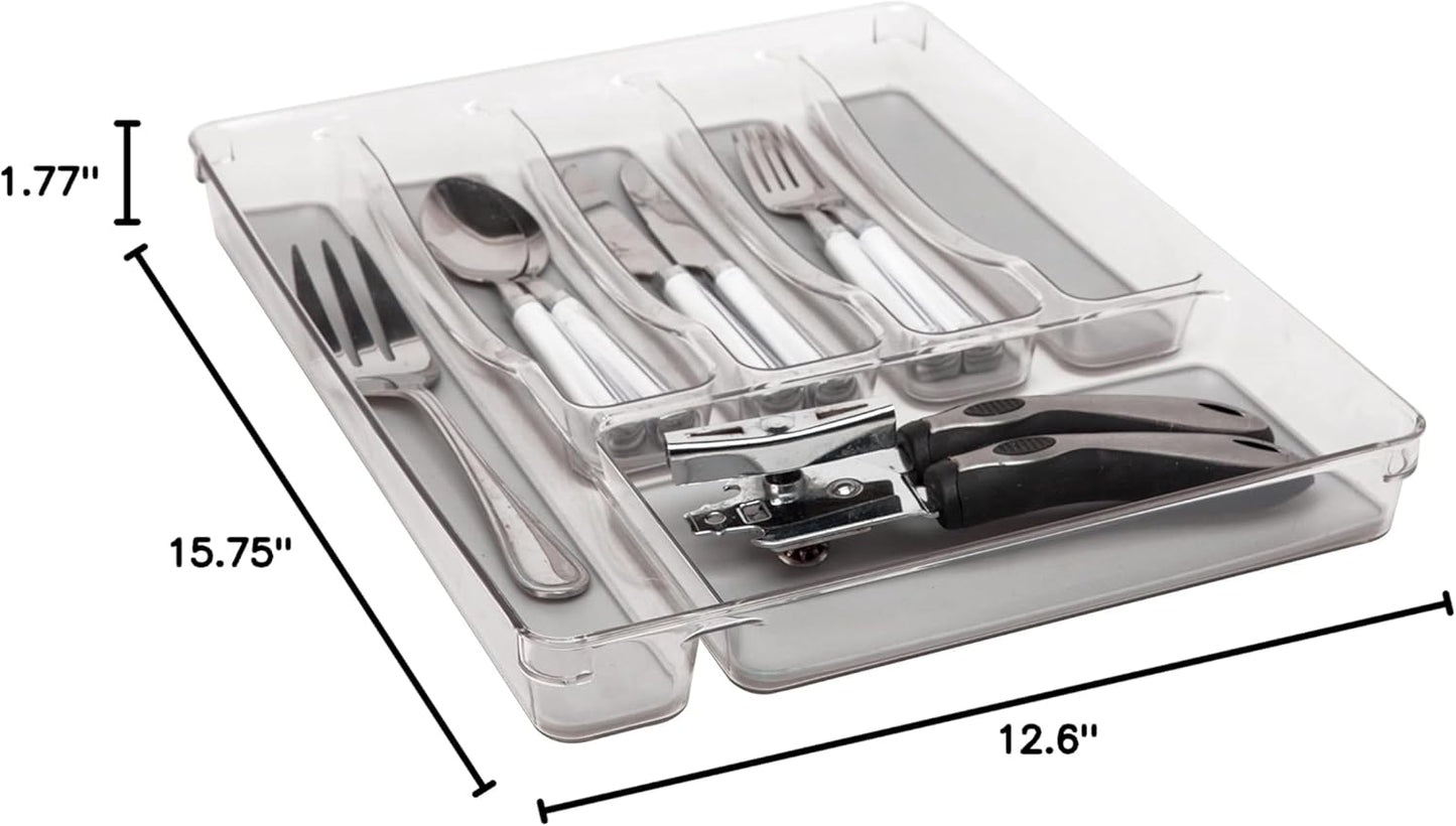 Kitchen Details 23195 Utensil and Cutlery Drawer Organizer, Divider, Tray, Storage, 5 Compartment, Clear