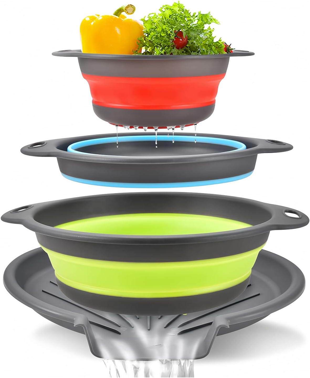 Collapsible Colanders Food Strainers, 3-Pack Foldable Kitchen Strainers with Over-Sink Water Draining Tray, Space Saving Kitchen Drainer for Vegetables, Fruit, Pasta and Rice (White-Gray)