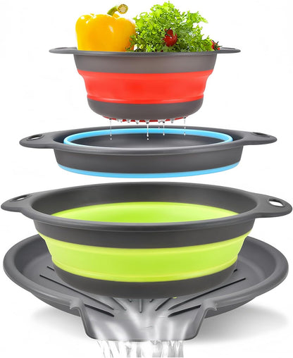 Collapsible Colanders Food Strainers, 3-Pack Foldable Kitchen Strainers with Over-Sink Water Draining Tray, Space Saving Kitchen Drainer for Vegetables, Fruit, Pasta and Rice (White-Gray)