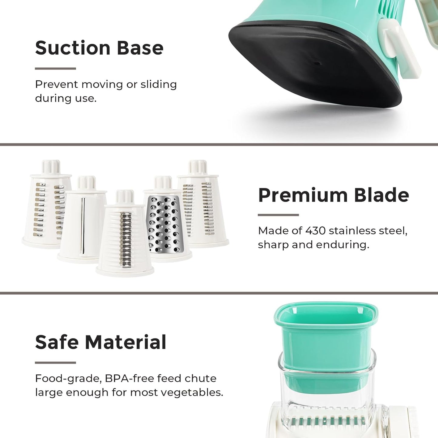 X Home Rotary Cheese Grater for Kitchen, Shredder with 3 Interchangeable Blades, Rotary Grater with Handle and Strong Suction Base, for Vegetables, Fruit, Nuts, Easy to Use and Clean, Blue