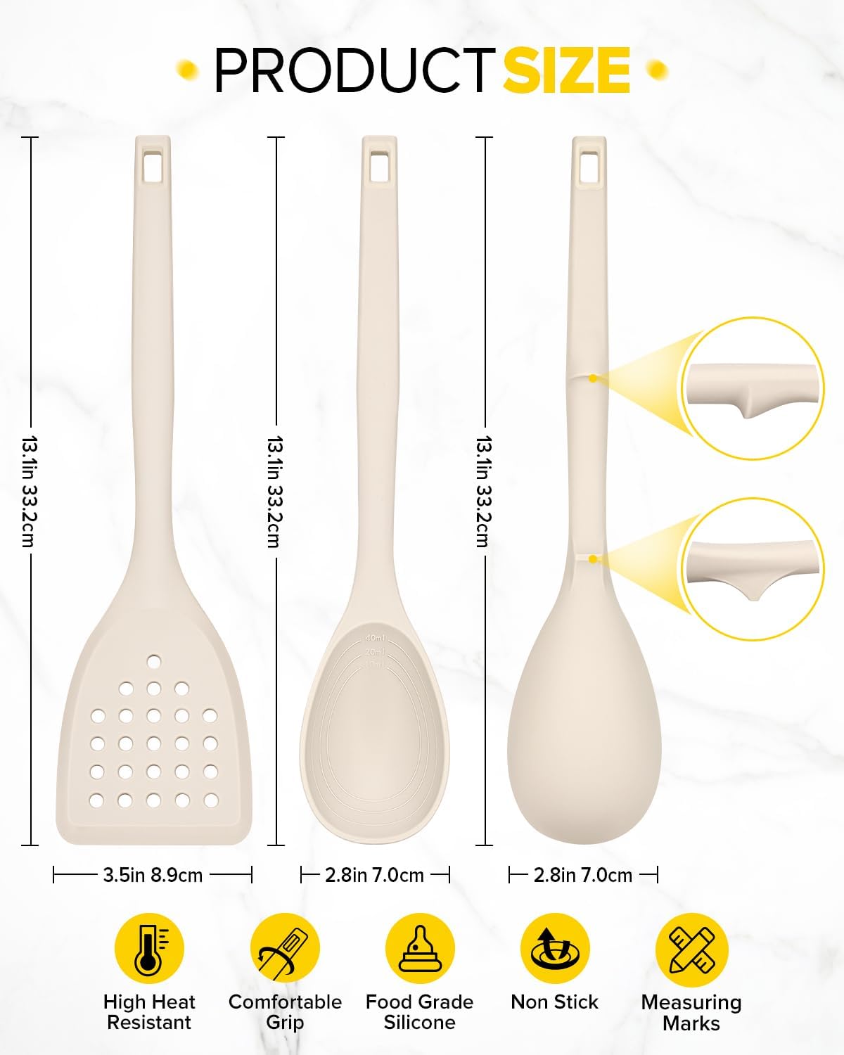 Pack of 4 Silicone Cooking Utensils Set, Non Stick Solid Spatulas and Heat Resistant Slotted Spoons with Back Hooks, Ideal BPA Free Kitchen Utensils Set for Frying,Serving,Turning,Stirring(KHAKI)