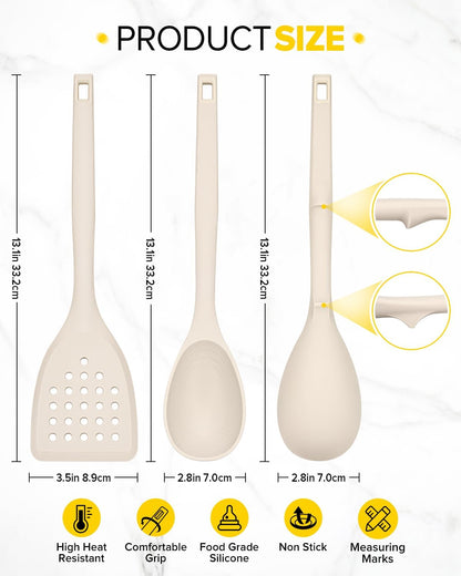 Pack of 4 Silicone Cooking Utensils Set, Non Stick Solid Spatulas and Heat Resistant Slotted Spoons with Back Hooks, Ideal BPA Free Kitchen Utensils Set for Frying,Serving,Turning,Stirring(KHAKI)