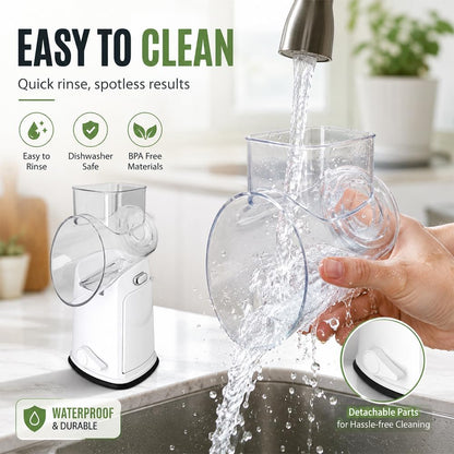 Rotary Cheese Grater Hand Crank, 5 In 1 Shredder with Handle, Vegetable Slicer Mandoline Food Chopper, Strong Suction Base Kitchen Gadget for Cheese Vegetables Nuts – White